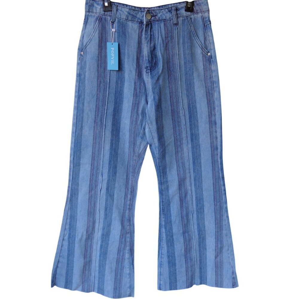 Blue Stripe Flared Jeans Sz L 31" x 29" High Waist Raw Hems Hippie Boho Retro